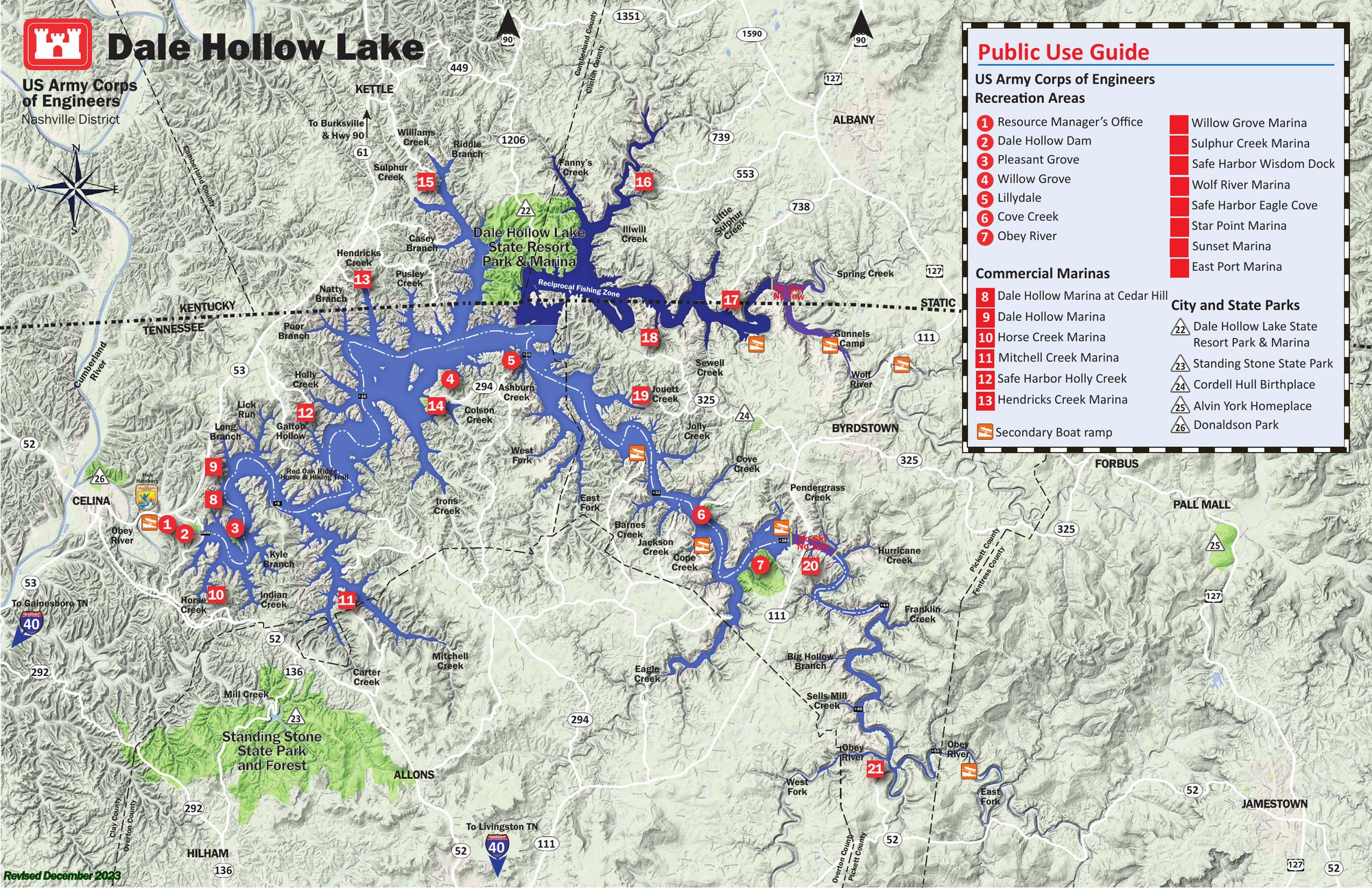 Dale Hollow Lake map showing marinas, boat ramps, recreation areas and state parks